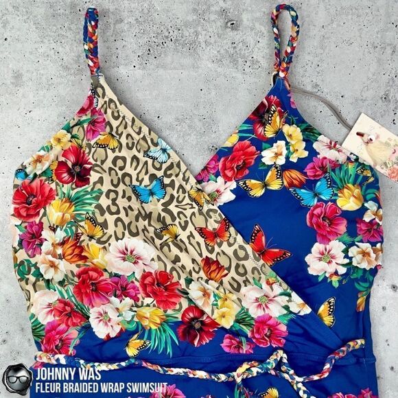 JOHNNY WAS FLEUR BRAIDED WRAP ONE PIECE SWIMSUIT IN FLORAL BLUE PLUS SIZE 2X NEW - Picture 6 of 15